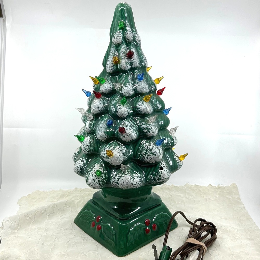 Vintage Light Up Ceramic Flocked Christmas Tree Green Lights Plug in 15.5"